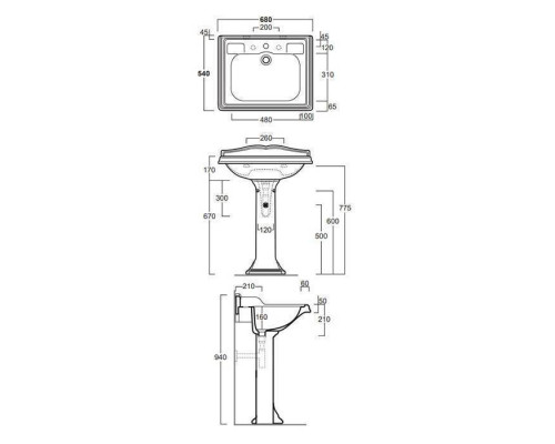 Раковина Simas Arcade 68х54 см 3 отверстия с пьедесталом AR824bi*3/AR805bi
